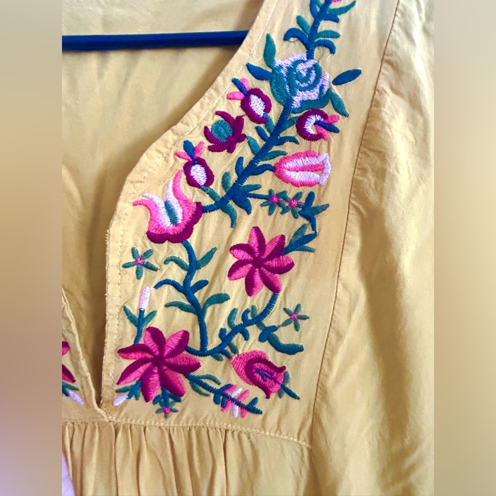 Kafeimali Bohemian Yellow Floral Embroidered Tunic Dress V-Neck Peasant Style - Picture 2 of 3